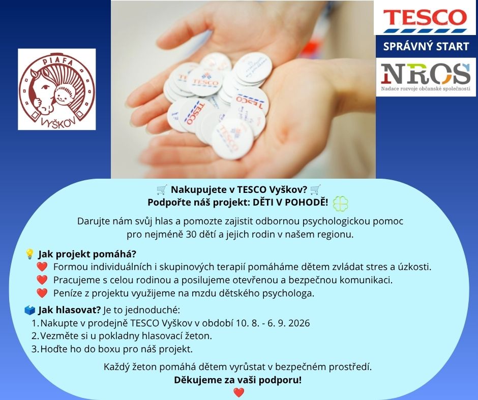Podpořte náš projekt DĚTI V POHODĚ. Hlasujte pro nás při každém nákupu v TESCO! A proměňte svůj nákupní žeton v pomoc! Děkujeme že pomáháte s námi. 